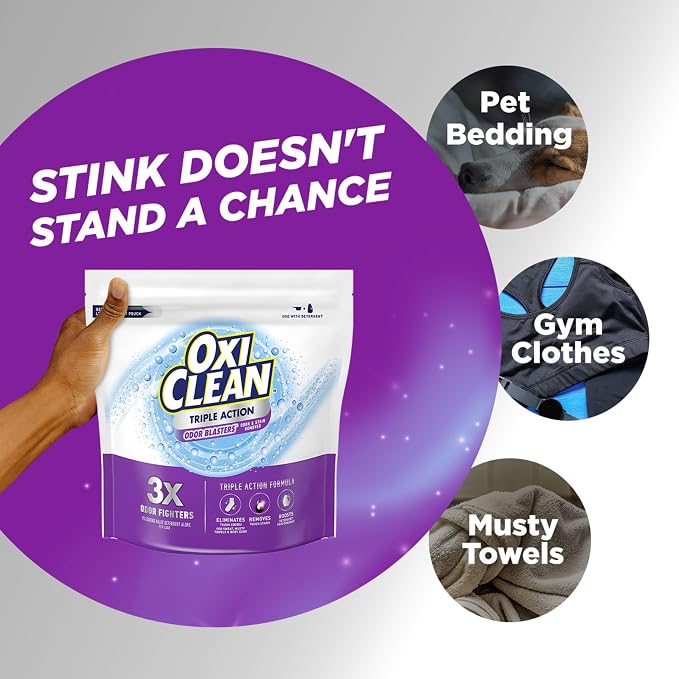 OxiClean Triple Action Odor and Stain Remover Powder, Use with Detergent, Eliminates Tough Odors and Removes Stains, Color Safe and Chlorine Free, 4 lbs (Pack of 2)