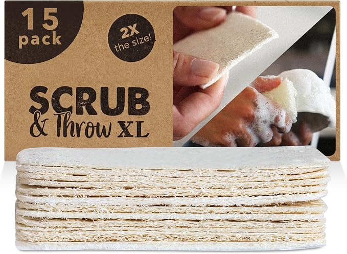 Scrub & Throw XL Loofah Scrub Sponge, Natural, Plastic-Free, Non-Scratch, for Kitchen, Dishes, Pots and Cleaning, Plant-Based, Plastic-Free, Eco-Friendly, Biodegradable, 15 Pack