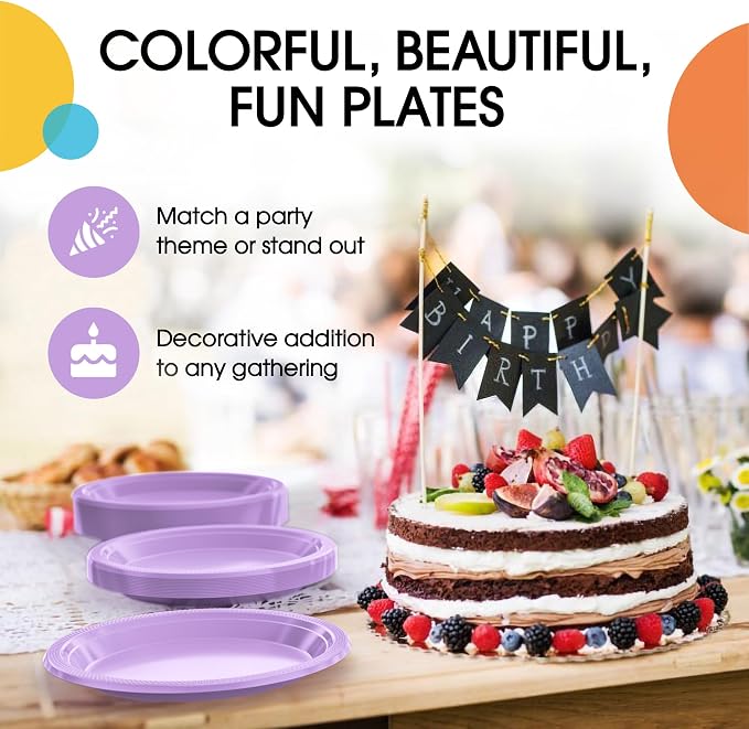 Exquisite Party Solids Lavender Plates Disposable Lavender Plastic Plates 100 Pieces - 50-7" & 50-9" Heavy Duty 350 GSM Disposable Dinnerware Sets, Plastic Dinnerware Sets
