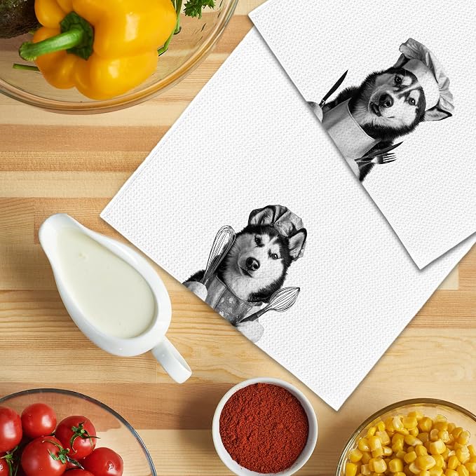 Funny Chef Siberian Husky Kitchen Towels Set of 2, Husky Lovers Gifts Dish Tea Towels for Kitchen, Dog Mom Dad Lovers Owner Gifts Decorative Hand Towel, 16x24 Inch