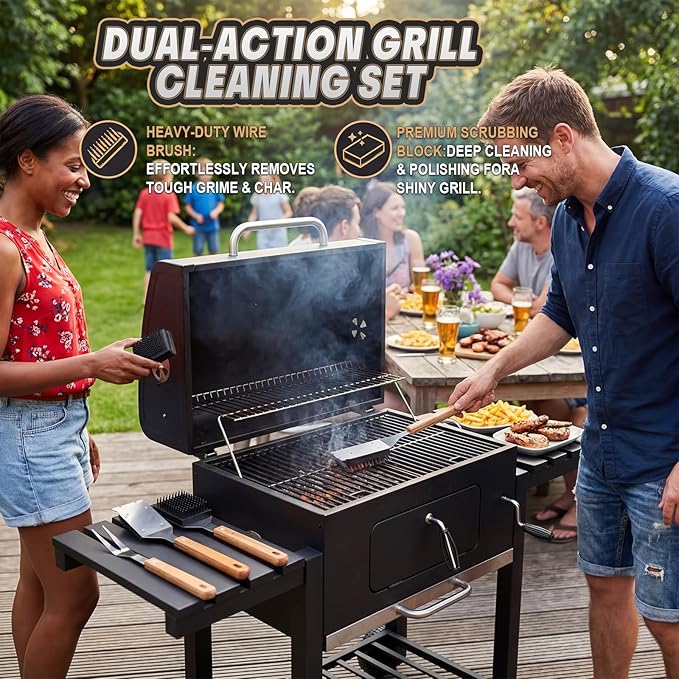 Sawysine 2 Pack Grill Brush and Scraper with 4 Replacement Heads, Wooden Handle Wire BBQ Grill Brush for Outdoor Grilling, 16.5" Bristle-Free BBQ Cleaning Brushes Barbecue Accessories