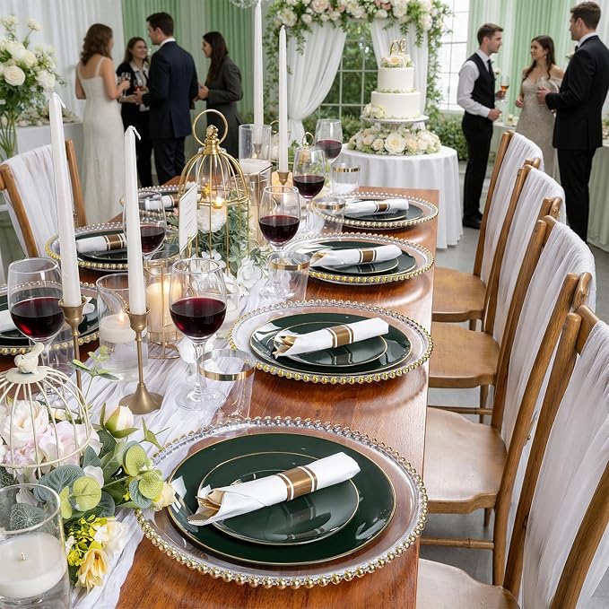 KIRE 175PCS Green Plastic Plates with Gold Rim - Heavy Duty Green Plates Disposable Include 50 Fancy Plastic Plate, 25Pre Rolled Napkins 25 Cups For Party/Wedding/Spring/2026 FIFA World Cup