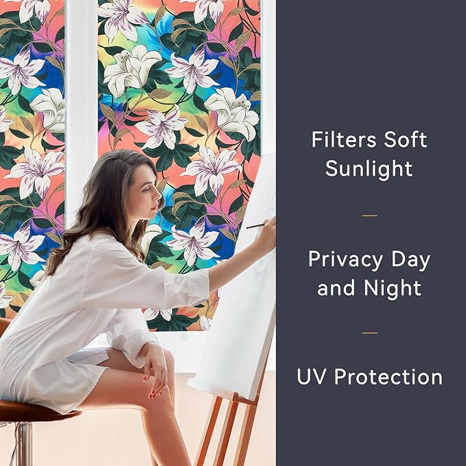 DKTIE Stained Glass Window Film Floral Vintage Style, Frosted Glass Effect Two-Way Privacy Window Film, Heat Insulation UV Protection Softening Light (S646, 17.7in X 78.7in)