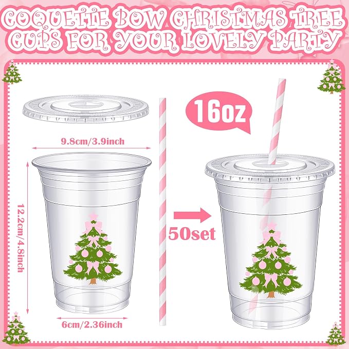 Sliner 50 Pcs 16 oz Coquette Disposable Plastic Cups with Straw for Party Supplies Bow Cups Birthday Wedding Bridal Engagement Party Drinkware Baby Shower Decoration (Christmas Tree)