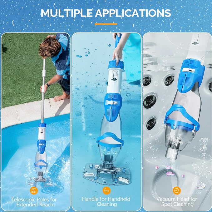 VINGLI Pool Vacuum for Above Ground Pools, 40W 18.5GPM Suction, 60 Mins Runtime, 1.5H Fast Charging, 29.3-71inch Telescopic Pole, Ideal for Leaves & Debris Deep Cleaning