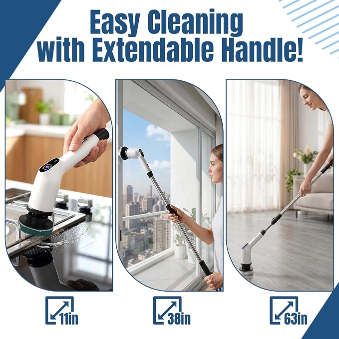Electric Spin Scrubber 2026 Upgraded Cordless Power Scrubber with 8 Replaceable Brush Heads for Shower,Toilet,Floor&Grout Cleaning,IPX7 Waterproof, 120 Min Battery,3 Speeds,Extendable Long Handle