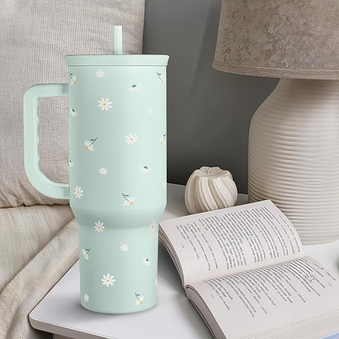 Daisy 40oz Tumbler with Handle and Straw – Flower Insulated Stainless Steel Travel Coffee Mug for Women Girls - Gift Idea for Birthday Christmas Mothers Day
