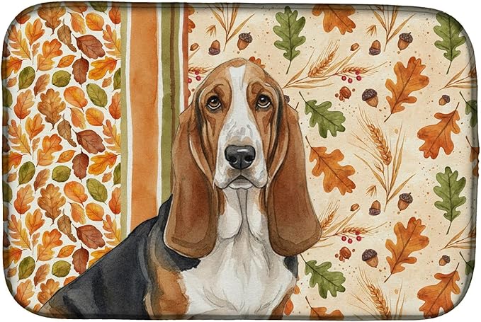 Caroline's Treasures Tricolor and White Basset Hound Heirloom Fall Dish Drying Mat Absorbent Dish Drying Mat Pad for Kitchen Counter Dish Drainer Mat for Countertop, 14 x 21", Multicolor