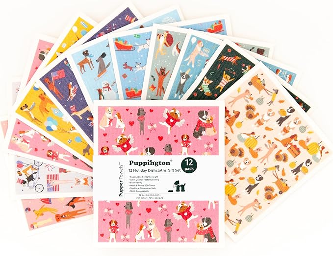 Puppington Pupper Towels - 12 Swedish Dishcloths for Kitchen Christmas Decor - Santa Claus Dog Kitchen Towels & Dish Cloths - Eco Friendly Gifts for Dog Lovers