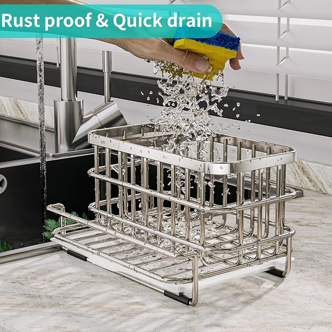 HapiRm Multifunctional Kitchen Sink Caddy with Drain Tray + Rustproof & Waterproof Sponge Holder for Kitchen Sink - Silver, Black