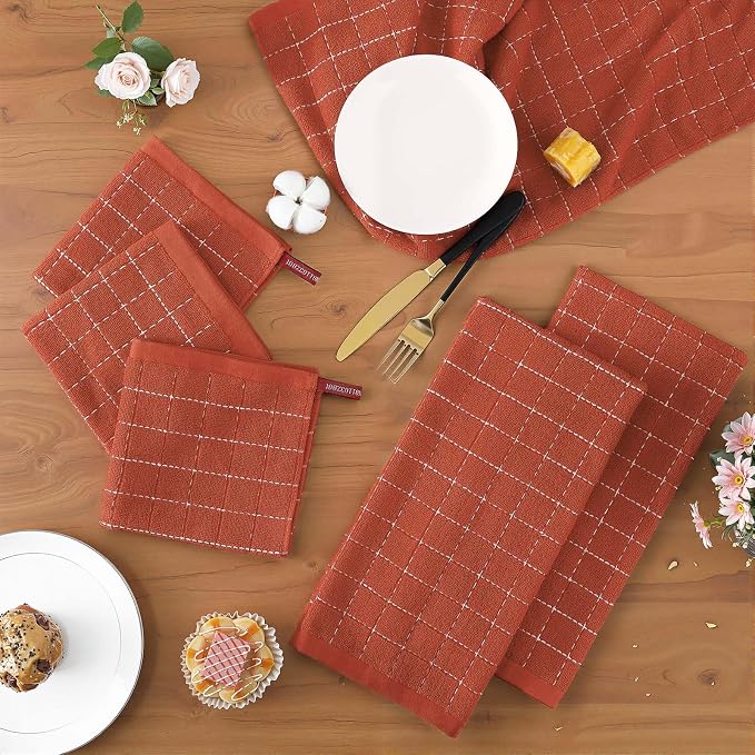 Homaxy Kitchen Towels and Dishcloths Set, 12 x 12 and 13 x 28 Inches, Set of 12 Bulk Cotton Terry Kitchen Towels Set, Checkered Designed, Soft and Super Absorbent Dish Towels, Rust