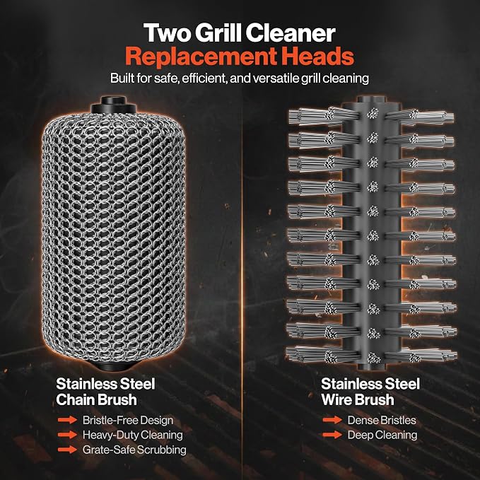 2X Electric Grill Brush Replacement Heads - Heavy-Duty BBQ Cleaning Brush Set for GRILLION Electric Grill Cleaner - Stainless Steel Chain & Wire Brushes