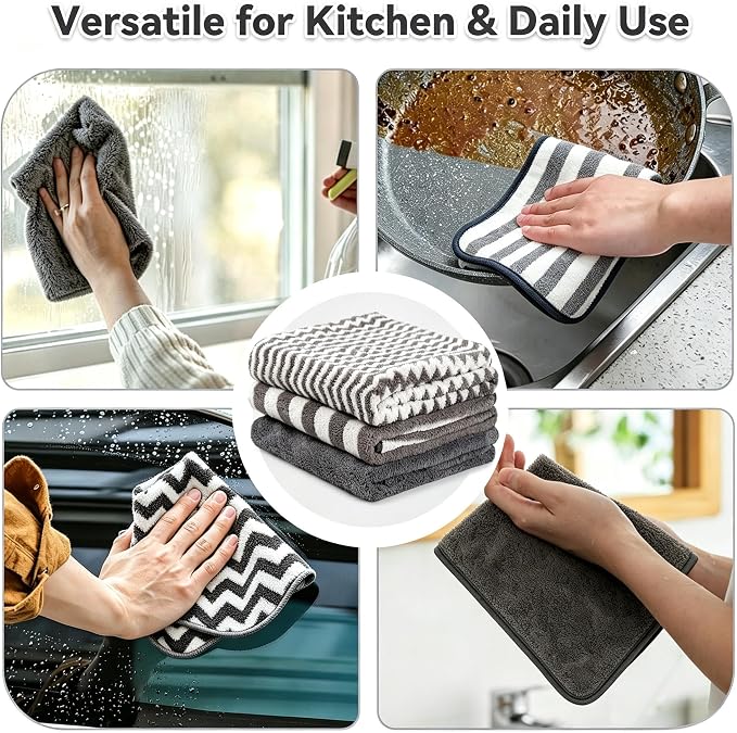 Microfiber Cleaning Cloth 6 Pack, Ultra Soft Super Absorbent Lint Free Dish Towels with Hanging Loop, 13.5x29 Inch Gray Reusable Kitchen Towels for Kitchen, Window, Car, Household