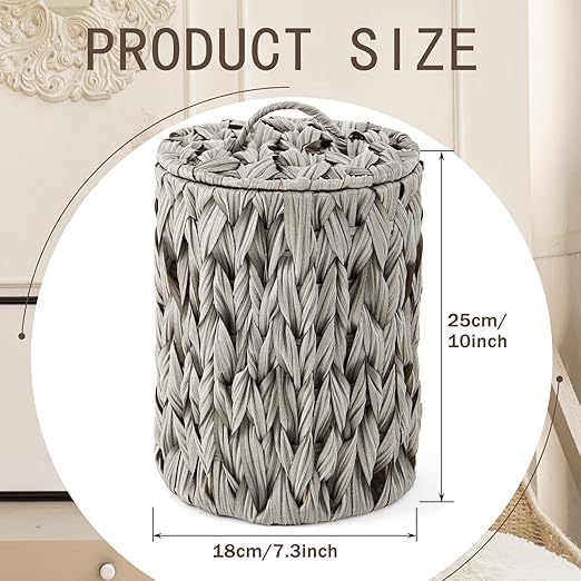 Ctosree 1.3 Gallons Small Trash Can with Lid Handle Boho Woven Braided Bathroom Waste Basket Trash Can with 100 Garbage Bags for Bedroom Office Laundry(Grey, Braided Polypropylene)