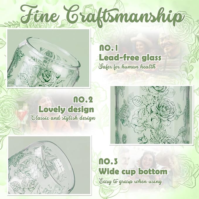 Sliner 2 Pcs Green Floral Glass Tumblers with Straw and Lid Flower Cups Drinking Glasses 16 oz Iced Coffee Can Tumbler Holiday Gifts