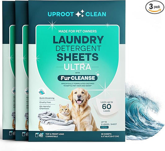 Uproot Clean Laundry Sheets Ultra - 90 Pack - Fresh Scent: Extra-Large Enzyme-Powered Laundry Detergent Sheets Made in USA - Eliminate Clinging Fur, Pet Odors, & Messy Residue - Up to 180 Loads