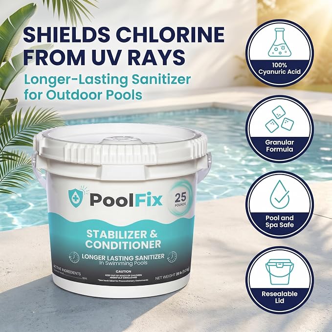 Stabilizer & Conditioner - Easy Latching Bucket for Swimming Pools | Cyanuric Acid for Pool Water Balance, Increase Chlorine Efficiency | Long-Lasting Chlorine Stabilizer (25 Pounds)