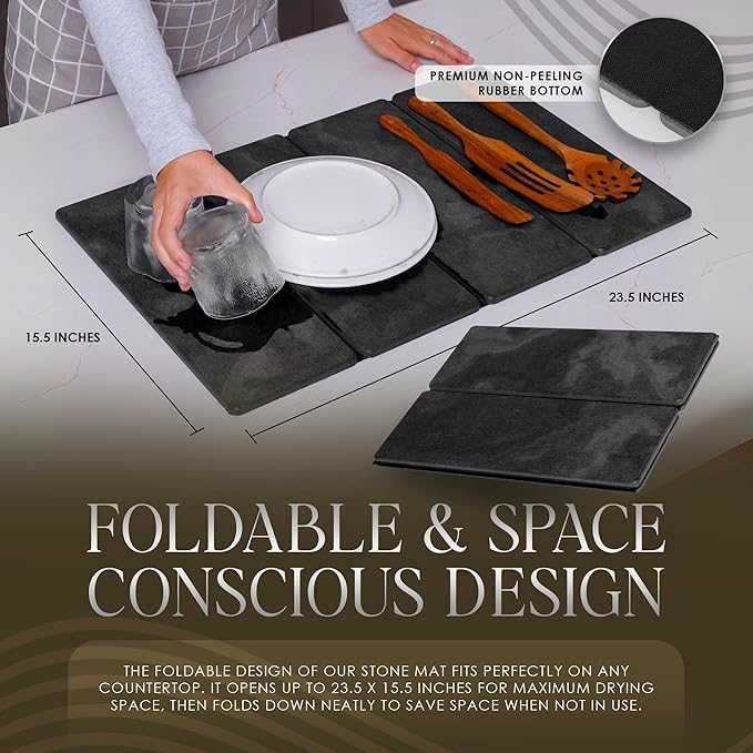 Large Black Stone Dish Drying Mat - Foldable & Water Absorbing Dish Drying Mat with Cleaning Tools, Anti-Slip, Stain Resistant, Easy-Clean, Kitchen Drying Mat and Highly Absorbent Bath Mat 24" x 16"