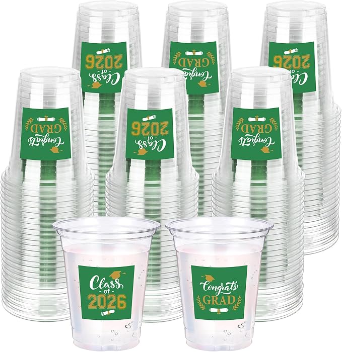 Amyhill 60 Pack 12oz Graduation Cups 2026 Graduation Decorations Disposable Plastic Cups Sturdy&Durable Drinkware for Class of 2026 Decorations Congrats Grad Party Favors Supplies (Gold Green)