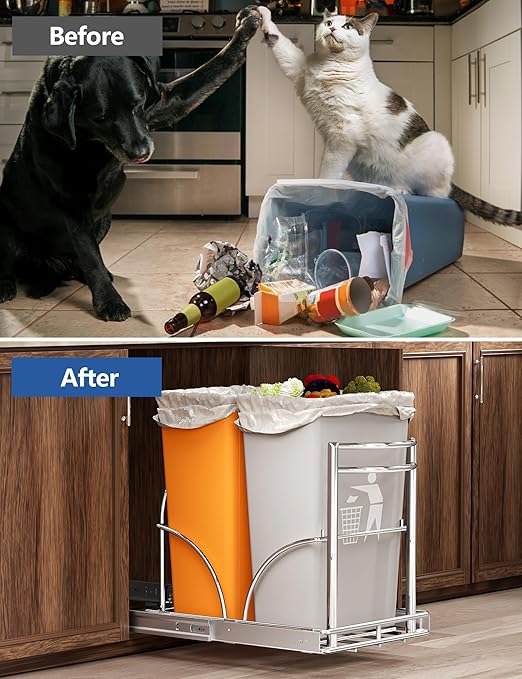 ANASTA Dual Pull Out Trash Can Under Cabinet Rack, No Can Included, Under Sink Trash Can Pull Out Holds Double 7-9 Gal/2 * 35 Qt Recycle Bin Garbage Can Combo, Inside Cabinet Size ≥16''W 22" D 17''H