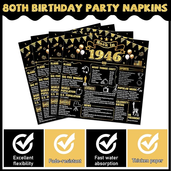 96Pcs 80th Birthday Plates and Napkins Back in 1946 Party Decorations Black Gold 80 Year Old Party Dessert Plates 1946 Birthday Tableware for 24 Guests 80th Theme Men Woman Bday Parties Supplies