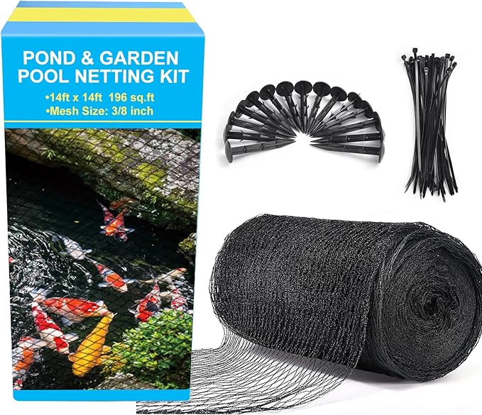 BUZIFU Pond Netting, 14 x 14 FT Pond Net for Koi Ponds, Garden Pool Fine Mesh Pond Netting for Leaves, Protects Koi Fish from Birds Cats Predators, with 14 Stakes and 30 Cable Zip Ties