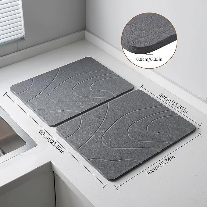 2 Pack Stone Drying Mat for Kitchen Counter,16''x12'' Quick Dish Drying Stone Mat Kitchen,Stone Dish Drying Mat,Quick-Dry Absorbent Bath & Countertop Stone Dishes Mats (Gray, 16''x12'')