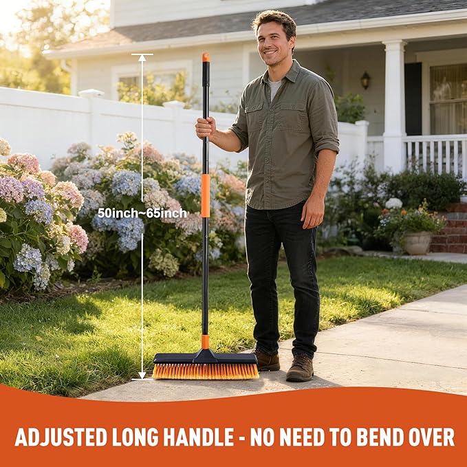 CLEANHOME 18" Push Broom Outdoor for Floor Cleaning with Extendable Long Handle, Stiff Bristle Heavy Duty Broom for Bathroom, Kitchen, Tub, Tile, Patio, Deck, Concrete, Industrial