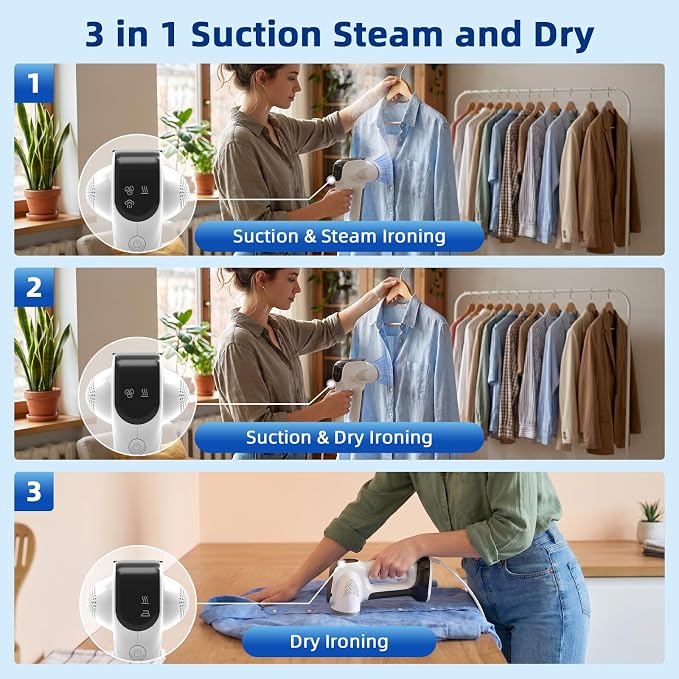 Vacuum Steamer for Clothes, YEJOUMO 3500Pa Strong Suction Garment Steamer 3 in 1 Handheld Travel Steamer & Iron Clothes, 25s Rapid Preheating, 340ML Large Water Tank