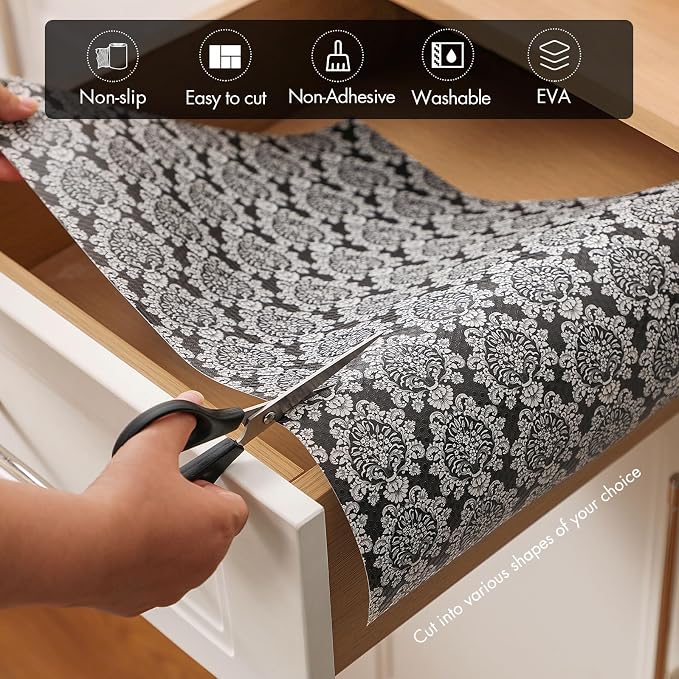 Cooyes Shelf and Drawer Liners for Kitchen Cabinets, Non-Adhesive Cabinet Liners, EVA Waterproof Durable Shelf Paper for Refrigerator, Shelves, Cupboard with European Pattern, Easy to Cut