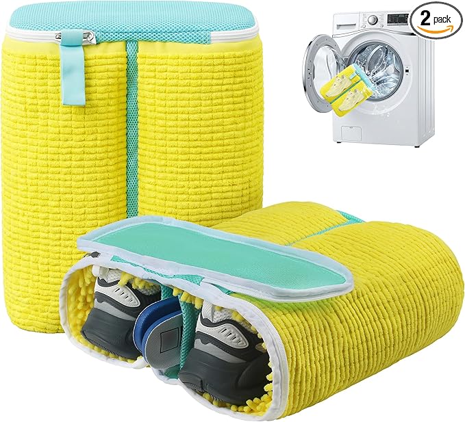 Upgraded Dual Compartment Shoe Washing Machine Bag, 420g Heavy-Duty Sneaker Laundry Bags with Clasp-Lock Zipper, Thick Chenille & Reinforced Seams for Maximum Protection, Yellow/Blue, 2-Pack