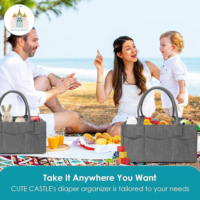 Cute Castle 2 Pack Diaper Caddy Organizer - Portable Baby Caddy Organizer with Handle, Nursery Storage Bin and Car Organizer for Girls, Boys - Baby Gift Basket - Dark Grey, Large