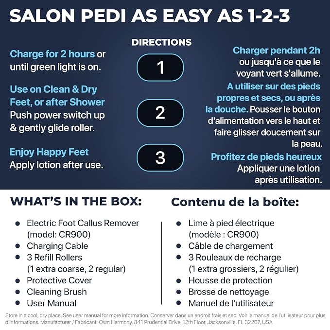 Electric Callus Remover: Rechargeable Electronic Foot File CR900 by Own Harmony (Powerful Motor) Best Pedicure Tools w 3 Rollers Professional Pedi Feet Care Sander for Cracked Heels and Hard Skin