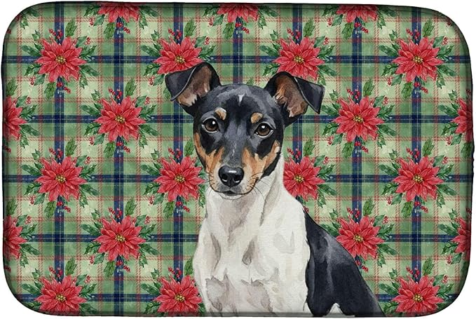 Caroline's Treasures Black and White Rat Terrier Christmas PoinsettIas Dish Drying Mat Absorbent Dish Drying Mat Pad for Kitchen Counter Dish Drainer Mat for Countertop, 14 x 21", Multicolor