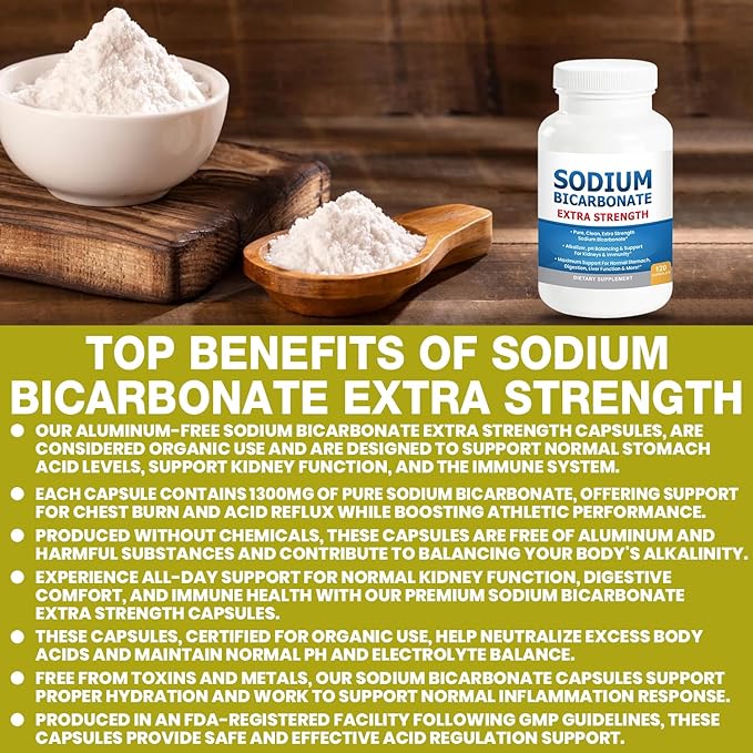 Sodium Bicarbonate Capsules Extra Strength 1300mg Organic Use No Junk. 1 Sodium Bicarbonate Capsule is 1300mg. Pure Sodium Bicarb Tablet