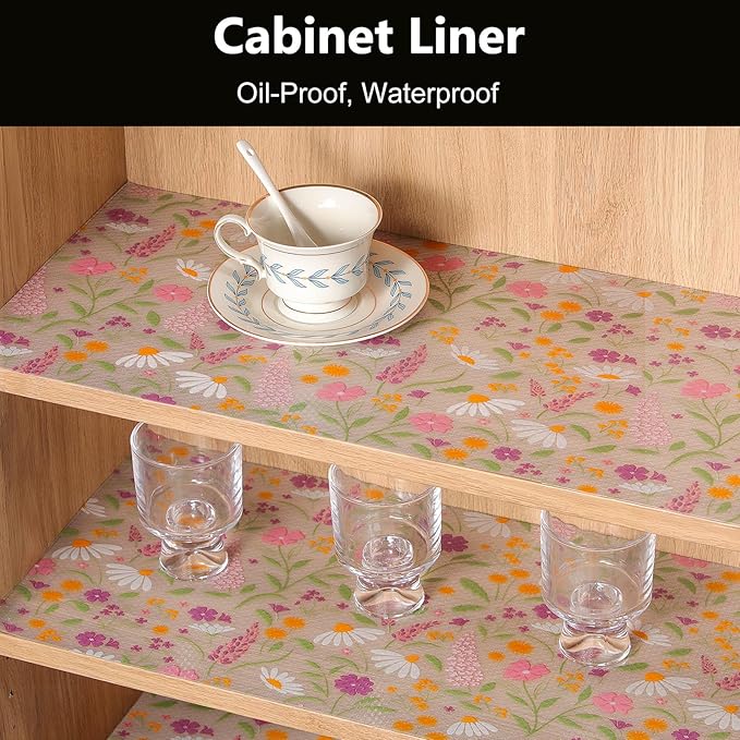 INNOLITES Shelf Liner for Kitchen Cabinets, Non-Adhesive Drawer Liner, Waterproof Washable EVA Floral Pattern, Protect Dresser Cupboard Refrigerator Shelves (Sage Wildflower, 17.5" x 197")