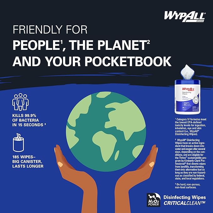 WypAll® Brand Disinfecting Wipes (54481), Hydrogen Peroxide Disinfectant Cleaner for Commercial, Industrial & Healthcare, 5.75"x7" Wipes, Fresh Scent (3 Canisters of 185 Sheets)
