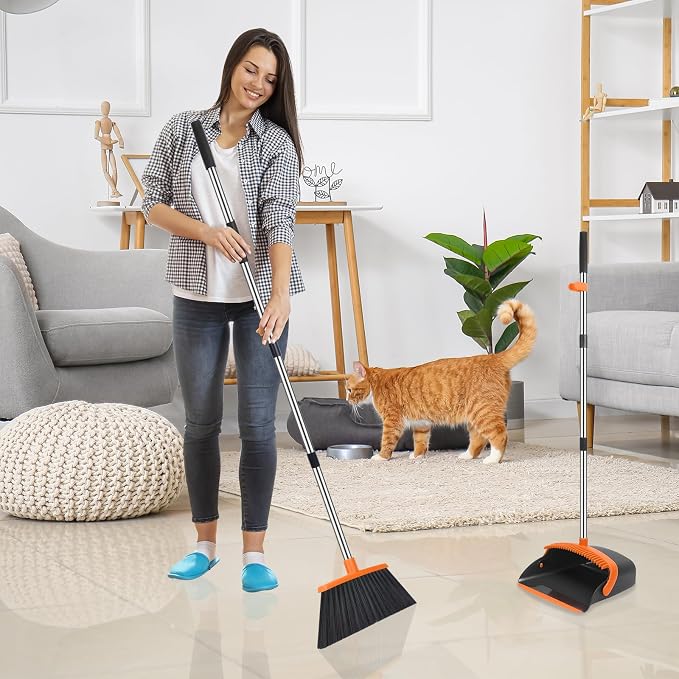 NACENA Broom and Dustpan Set, 52-in Long Adjustable Handle Broom Dustpan Combo with Dustpan Teeth to Automatically Clean Hair Suitable for Home Kitchen Office Hall Floor (Black&Orange), 4 Pack