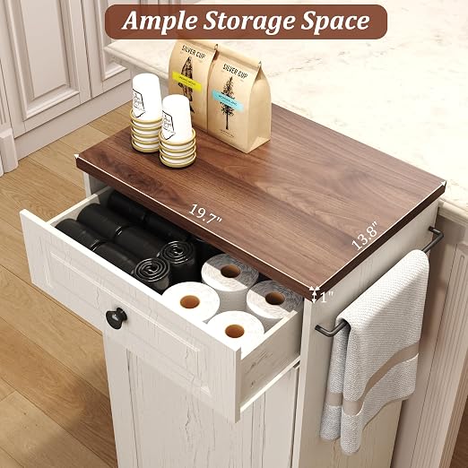 Function Home Trash Can Cabinet, 13 Gallon Tilt Out Trash Cabinet, Wooden Kitchen Garbage Can with Hideaway Drawer, Pet Proof Trash Can Holder for Kitchen Living Room, Antique White with Brown Top