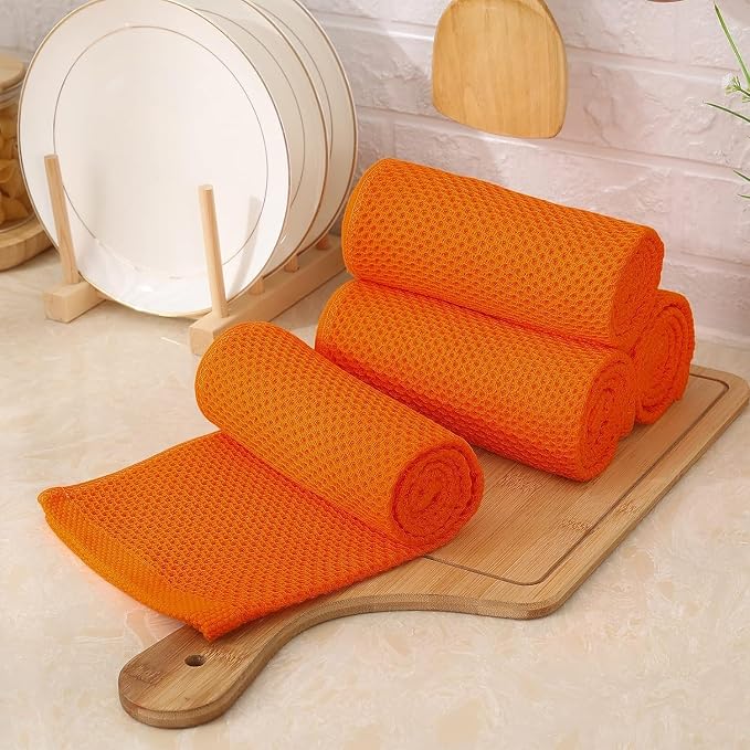 Kitinjoy 100% Cotton Waffle Weave Kitchen Hand Towels (13 X 28 Inches, Orange), 8-Pack Super Soft and Absorbent Dish Towel for Drying Dishes