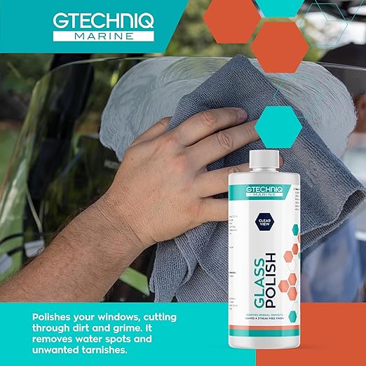 Gtechniq Marine Glass Polish for Boats, 250ml | Fast-Acting Formula Removes Minerals, Salt Deposits, Water Spots and Dirt from Glass and Plexiglass, Smear and Scratch-Free Finish