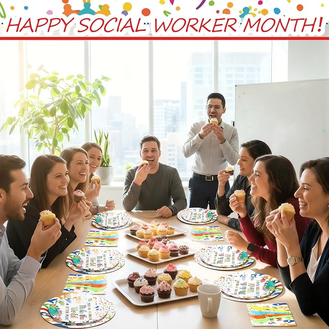 Remerry 96 Pcs Happy Social Work Month Party Supplies Social Workers Make the World a Better Place Tableware Disposable Thank You Employee Staff Paper Plates Napkin for Party Decoration