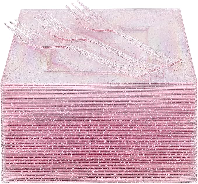 DaYammi 100Pcs Pink Dessert Plates with Forks Including 50Pcs Appetizer Plates,50Pcs Plastic Forks,Glitter Square Plate pink Disposable plates for Wedding,Plastic Cake Plate for Party Bridal Shower
