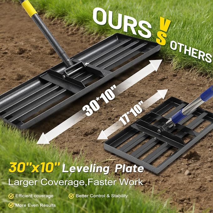 Lawn Leveling Rake,30x10 Inch Ground Plate,72 Inch Adjustable Long Handle Yard Level Tool with Curved Edge,Heavy Duty Large Landscaping Lawn Leveler for Grass, Golf Field, Soil Sand Dirt Spreader