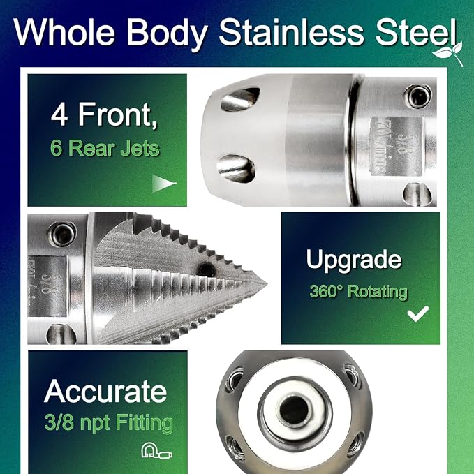 3/8 npt Sewer Jetter Nozzle for 2900 PSI, 70 L/min Pressure Washer - Stainless Steel, Quickly Rotating for Municipal Drain Pipe Cleaning