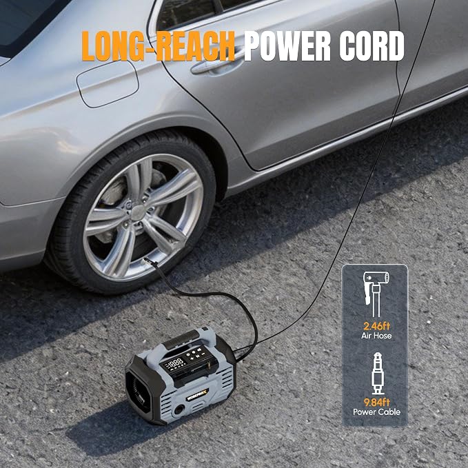 WORKPROX Tire Inflator Portable Air Compressor 150PSI – 12V DC & 20V Battery Car Air Pump, 2 Modes, Auto Shut-Off, Digital Gauge & LED Light, for Car, Bike, Ball & Air Mattress