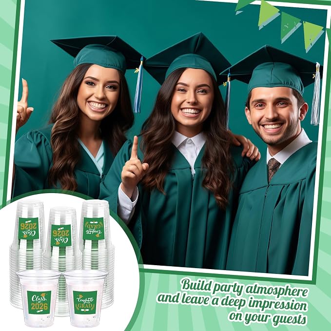 Amyhill 60 Pack 12oz Graduation Cups 2026 Graduation Decorations Disposable Plastic Cups Sturdy&Durable Drinkware for Class of 2026 Decorations Congrats Grad Party Favors Supplies (Gold Green)