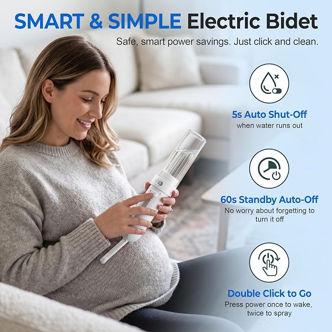 Electric Portable Bidet for Travel, Rechargeable for Women Postpartum, Period & Hygiene | 3 Pressure Modes, 260 Uses/Charge, IPX7 Waterproof, Foldable & Compact, Standard Bottle Fit, USB-C Charging, White