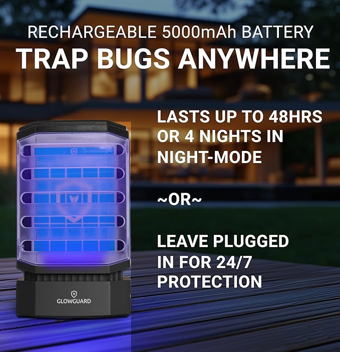 GlowGuard-X Rechargeable Indoor Fly Trap & Gnat Killer, Multi-Purpose Mosquito Trap and Shockless Indoor Bug Zapper, Includes 1 Device + 4 Glue-Card Refills, 48hr Battery Life, Black