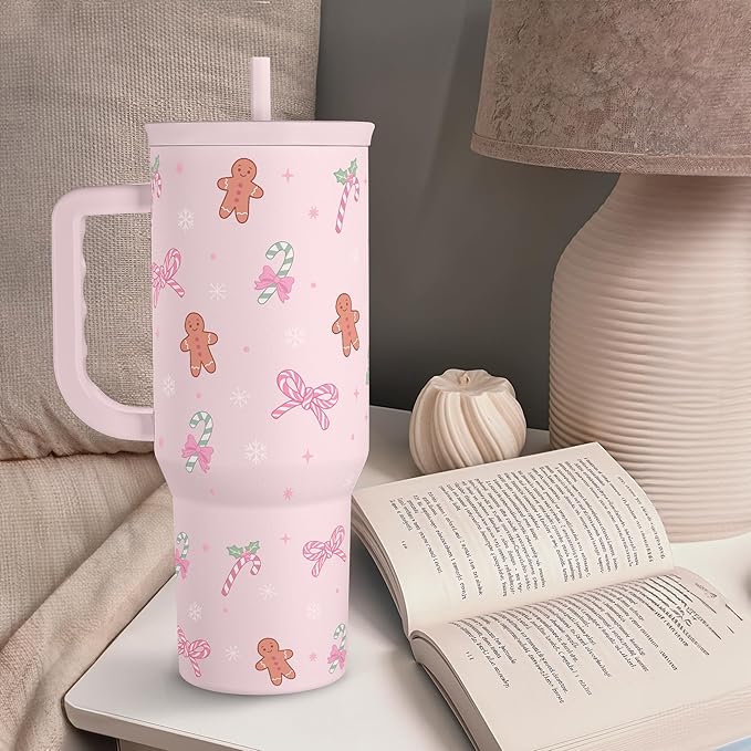 SANDJEST Christmas Theme 40oz Slider Tumbler with Handle and Straw - Insulated Stainless Steel Travel Coffee Mug for Women Girls, Gift for Birthday Xmas